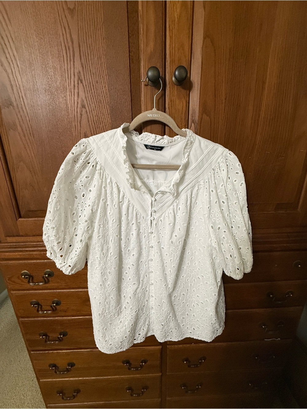 White Eyelet Puff-Sleeve Blouse with Ruffled Collar
